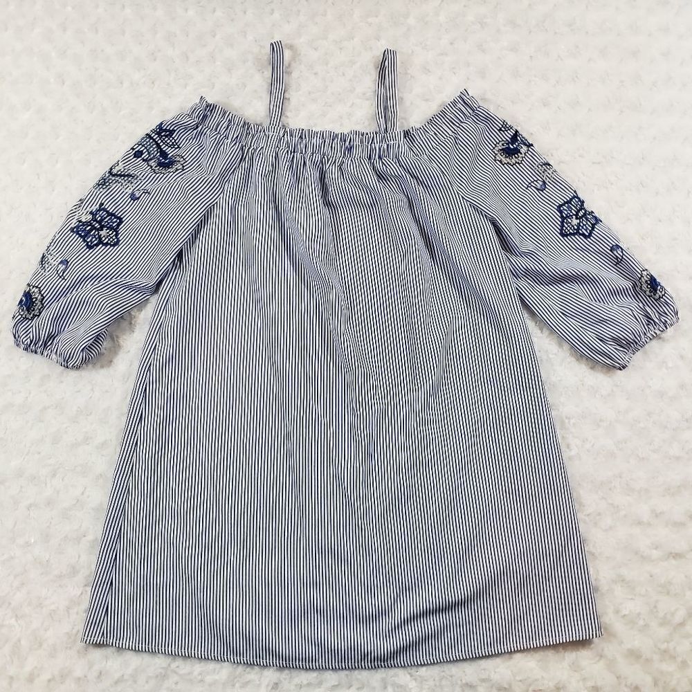 As U Wish blue and white striped off the shoulder tunic blouse with embroidered
